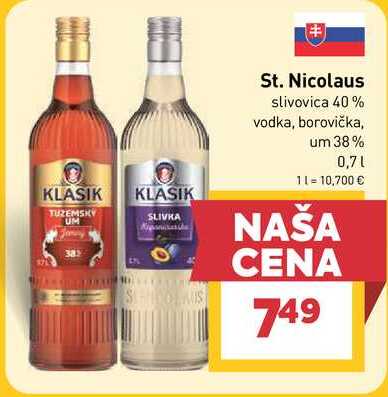 St. Nicolaus slivovica 40% vodka, borovička, um 38% 0,7l