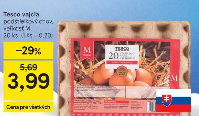 Tesco vajcia podstielkový chov veľkosť M 20 ks