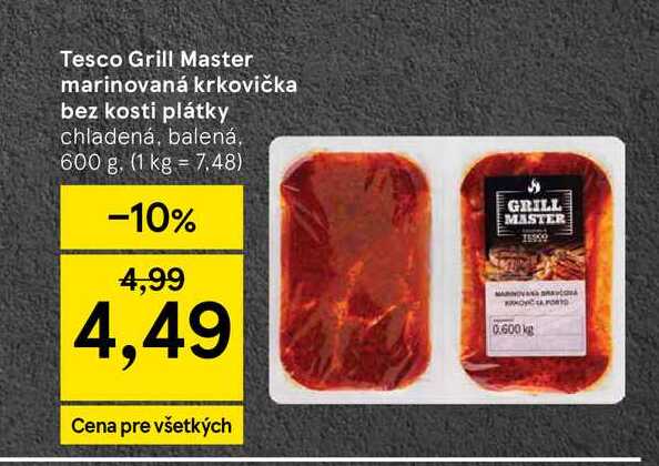 Tesco Grill Master marinovaná krkovička bez kosti plátky chladená, balená, 600 g