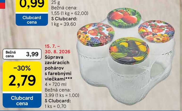 Súprava zaváracích pohárov s farebnými viečkami 4 x 720 ml 