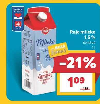 Rajo mlieko 1,5% čerstvé 1L