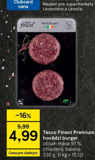 Tesco Finest Premium hovädzí burger obsah mäsa 97 %, chladený, balený, 330 g