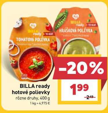 BILLA ready hotové polievky rôzne druhy, 400 g