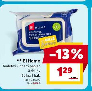 Bi Home toaletný vlhčený papier 3 druhy 60 ks/1 bal.