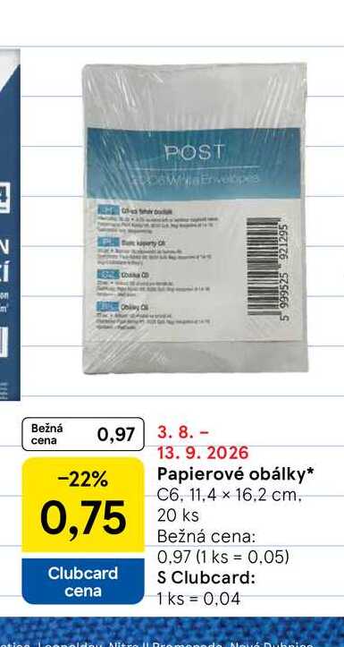 Papierové obálky C6, 11,4 x 16,2 cm, 20 ks