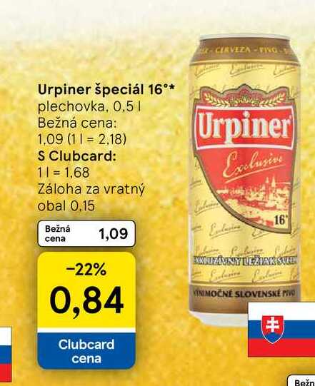 Urpiner špeciál 16° plechovka, 0.5l