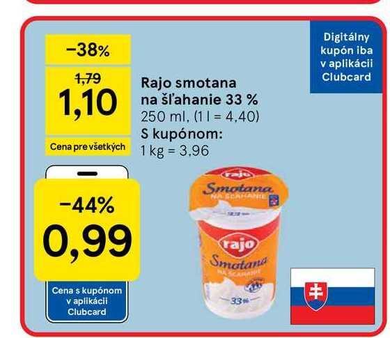 Rajo smotana na šľahanie 33% 250 ml