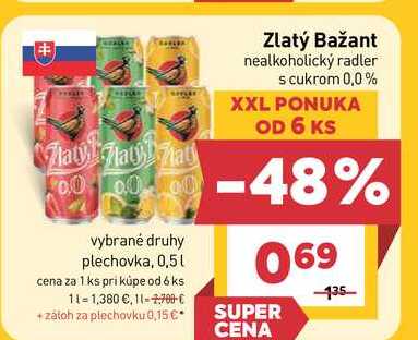Zlatý Bažant nealkoholický radler s cukrom 0,0% 0,5l plechovka