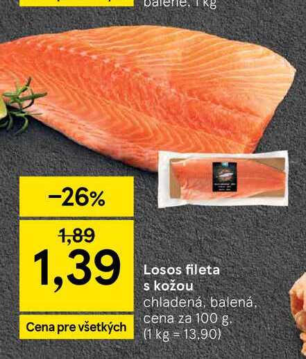 Losos fileta s kožou chladená, balená, cena za 100 g