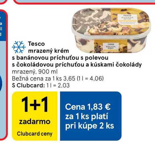 Tesco mrazený krém s banánovou príchuťou s polevou s čokoládovou príchuťou a kúskami čokolády mrazený, 900 ml