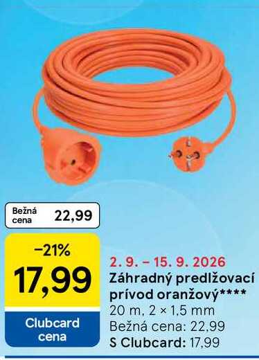 Záhradný predlžovací prívod oranžový 20 m, 2 x 1.5 mm