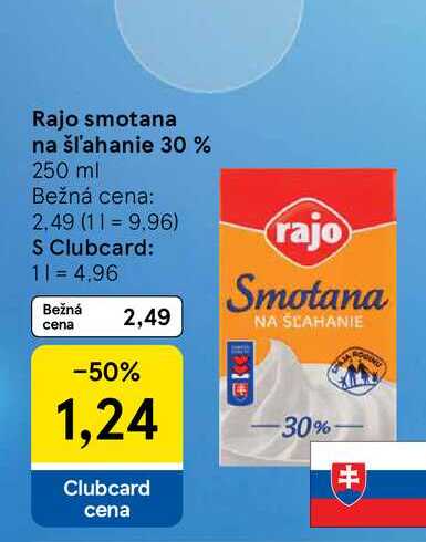 Rajo smotana na šľahanie 30% 250 ml