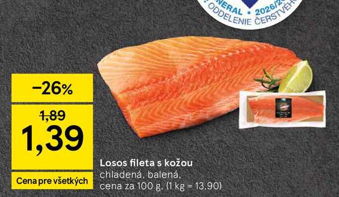 Losos fileta s kožou chladená, balená, cena za 100 g