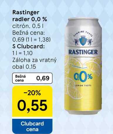 Rastinger radler 0,0% citrón, 0,5l