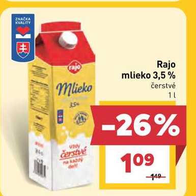Rajo mlieko 3,5% čerstvé 1l v akcii