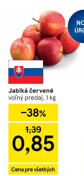 Jablká červené voľný predaj. 1 kg -38% 1,39 0,85 Cena pre všetkých NC ÚRC 