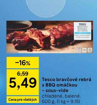Tesco bravčové rebrá s BBQ omáčkou - sous-vide chladené, balené, 600 g