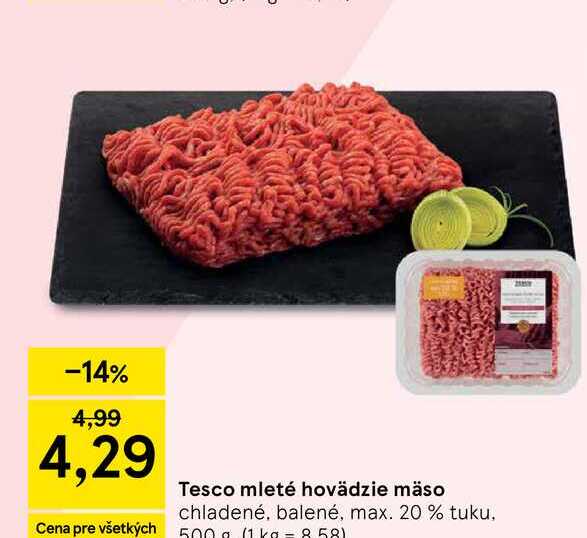 Tesco mleté hovädzie mäso chladené, balené, max. 20 % tuku. 500g