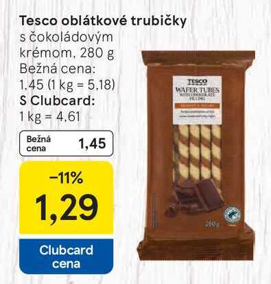 Tesco oblátkové trubičky s čokoládovým krémom, 280 g