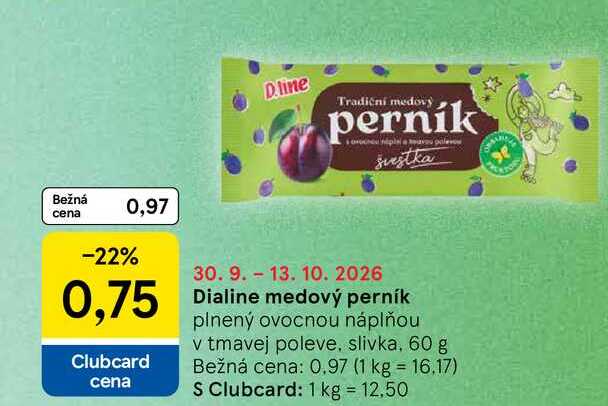 Dialine medový perník plnený ovocnou náplňou v tmavej poleve, slivka, 60 g