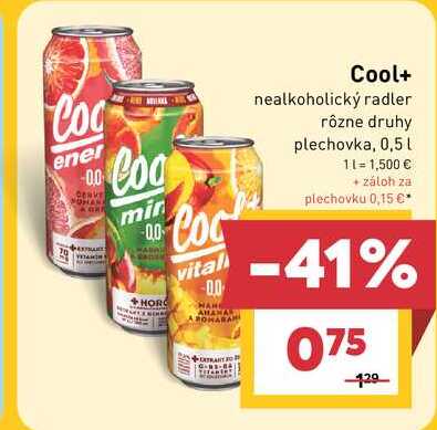 Cool+ nealkoholický radler rôzne druhy plechovka, 0,5l