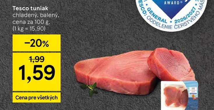 Tesco tuniak chladený, balený, cena za 100 g