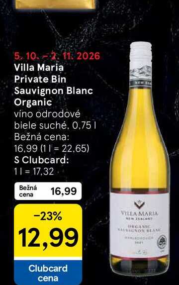 Villa Maria Private Bin Sauvignon Blanc Organic víno odrodové biele suché, 0,75l v akcii