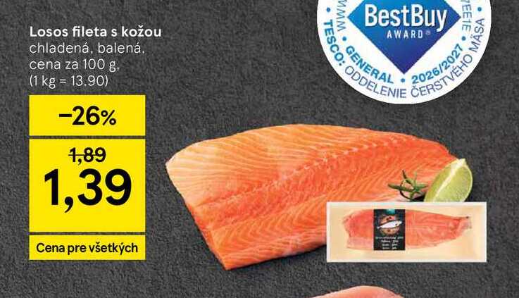 Losos fileta s kožou chladená, balená cena za 100 g
