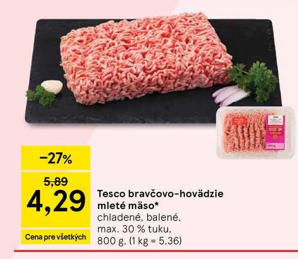 Tesco bravčovo-hovädzie mleté mäso chladené, balené, max. 30% tuku 800 g