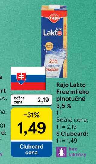 Rajo Lakto Free mlieko plnotučné 3,5% 1l