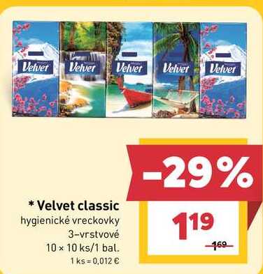 Velvet classic hygienické vreckovky 3-vrstvové 10 x 10 ks/1 bal. 