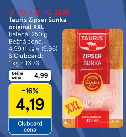 Tauris Zipser šunka originál XXL balená, 250 g