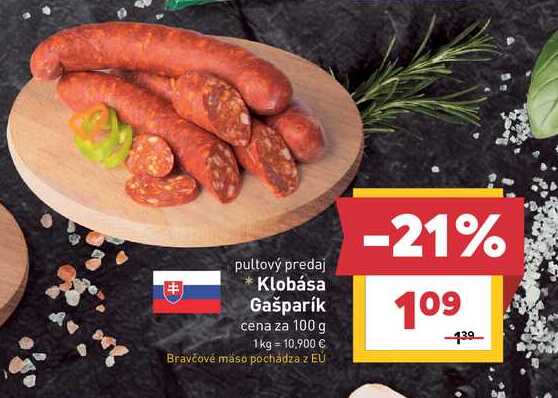Klobása Gašparík cena za 100 g 